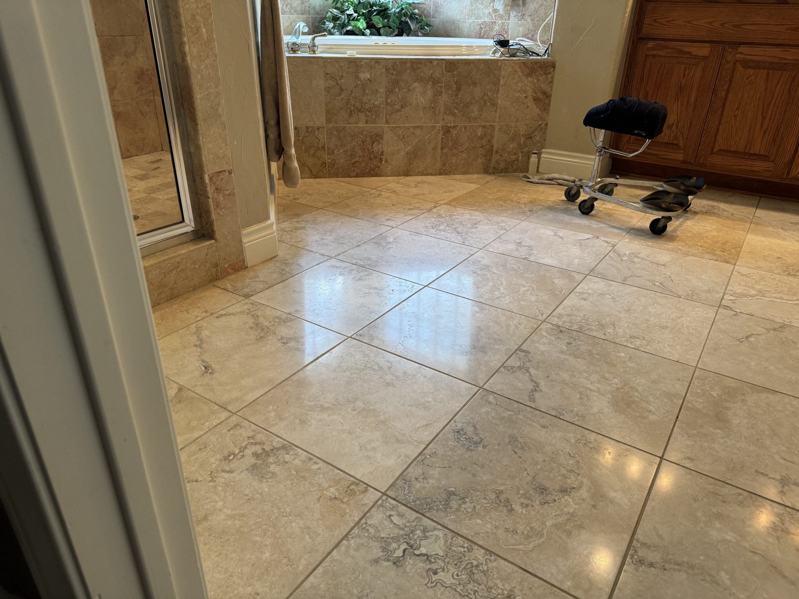 Restoration of Etched Travertine Bathroom | Austin TX - Santa Fe Floor Care